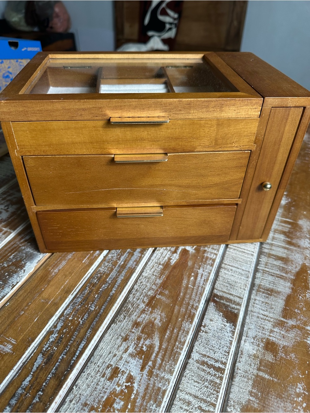 Wooden Jewelry Organizer Box with Glass Top - Brown